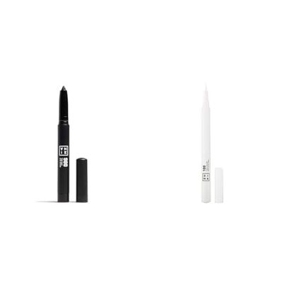 3INA MAKEUP - The 24H Eye Stick 900 + The Color Pen Eyeliner 100 - Negro - Sombra de Ojos en Barra Cremosa de Alta Pigmentación - Blanco - Eyeliner Blanco Líquido Mate - Vegan - Cruelty free