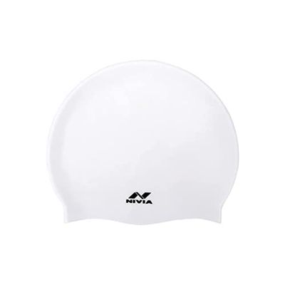 Nivia Classic Swimming Cap for Men & Women (White, Free Size - Elastic) | Material - Silicone | Swimming Cap Long Hair | Pool Cap | Waterproof Swim Cap | Swim Hat