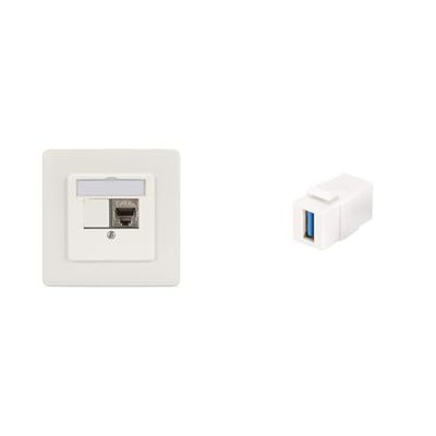 DIGITUS Set: 2x prise de raccordement 2 ports - Sortie droite - Pour modules Keystone multimédia + 4x Keystone femelle USB 3.0 - Blanc