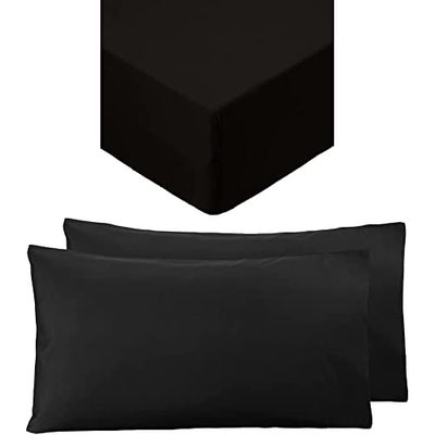 Amazon Basics Microfibre Fitted Sheet, Single, Black and Amazon Basics Microfiber Pillowcases, Black – Set of Two