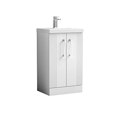 nuie DPF123D Deco Modern Bathroom Floor Standing 2 Door Part Fluted Vanity Unit with Thin-Edge Ceramic Basin, Satin White