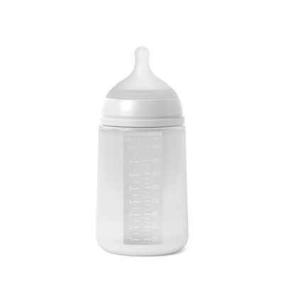 Suavinex, Biberón con Botella de Silicona de 240 ml, con Tetina Fisiológica SX Pro de Silicona, con válvula Anticólico, Biberón de Flujo Medio (M). Para Bebés +3 Meses. Colour Essence, Gris