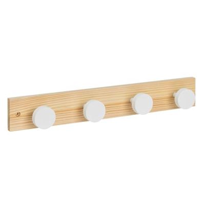 DRW Perchero de pared con 4 pomos de madera en natural y blanco