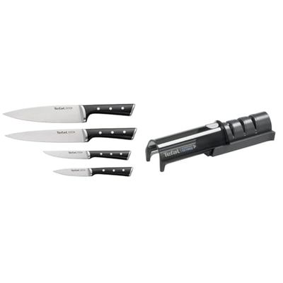 Tefal Ice Force Set de 4 Couteaux et Aiguiseur - Découper, Chef, Office, Émincer - Meule Japonaise, Affûtage 3 Étapes, Rétractable, Universel