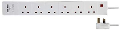PRO ELEC PEL00120 6 Gang Extension Lead with 2 USB 1m, White
