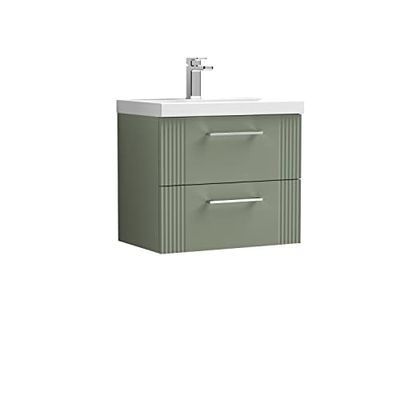 nuie DPF893A Deco Modern Bathroom Wall Hung 2 Drawer Part Fluted Vanity Unit with Mid-Edge Ceramic Basin, Satin Green