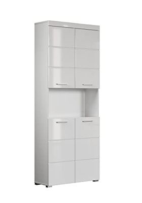 trendteam smart living Armário alto para casa de banho Amanda, 73 x 190 x 31 cm, em branco e branco de brilho intenso, com compartimento aberto e abundante espaço de armazenamento