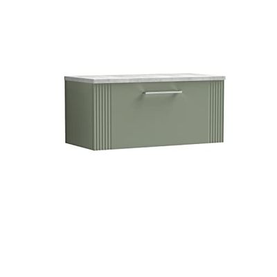 nuie DPF896LBG Deco Modern Bathroom Wall Hung 1 Drawer Part Fluted Vanity Basin Unit with Laminate Bellato Grey Worktop, Satin Green