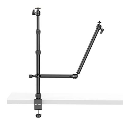 jusmo Camera Desk Mount Stand with Auxiliary Holding Arm, 17.3-41.3 inch Adjustable, Phone Grip and 360° Ballhead, Desk C-Clamp Multi Mount Stand for DSLR Cameras, Phone, Lights and More
