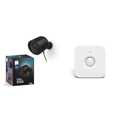 Philips Hue Secure, Telecamera di Sicurezza con Cavo, HD 1080p, per Interni, Nero + Philips Hue Sensore di Movimento, Accensione e Spegnimento Automatico Luci Smart, Bianco