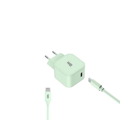 WE Pop Pack Chargeur Secteur + Câble USB-C/Lightning Vert : Chargeur Secteur Vert PD 20W Port USB-C - Câble USB-C/Lightning MFI PD 20W 1 mètre en Silicone Vert