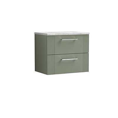 nuie DPF893LBG Deco Modern Bathroom Wall Hung 2 Drawer Part Fluted Vanity Basin Unit with Laminate Bellato Grey Worktop, Satin Green