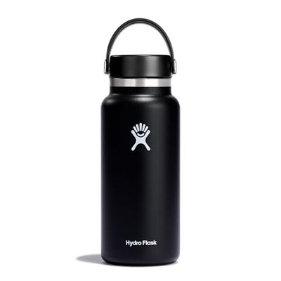 HYDRO FLASK - Drickflaska 946 ml (32 oz) - Vakuumisolerad stålflaska i rostfritt stål med läckagesäker Flex Cap med rem - Flaska BPA-fri - Bredmun - Black