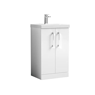 nuie ARN101D Arno Modern Bathroom Floor Standing 2 Door Vanity Unit with Thin-Edge Ceramic Basin, 500mm, Gloss White