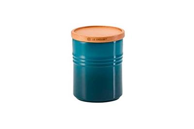 Le Creuset Middelgrote voorraadpot van aardewerk met houten deksel, aardewerk, 540 ml, 10 cm, diep groenblauw