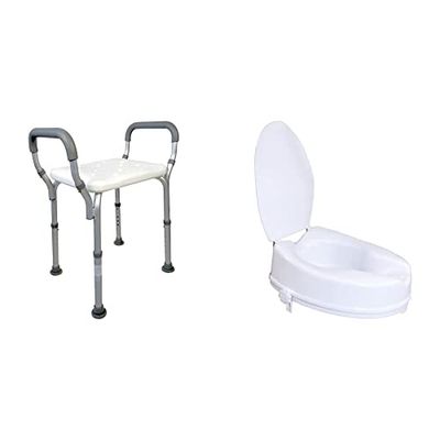 Mobiclinic, Silla Ducha Mayores, Taburete baño Adultos, Acueducto, Marca española, Ortopédica, Aluminio, PVC & Elevador WC para Adulto, con Tapa, 10 centímetros