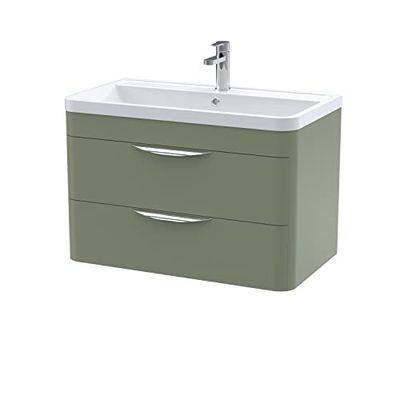 nuie FPA805A Parade Modern Bathroom Wall Hung 2 Drawer Vanity Cabinet with Ceramic Basin, 800mm, Satin Green