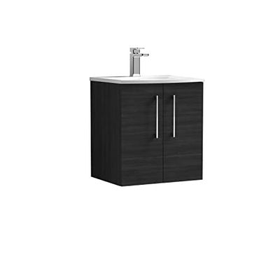 nuie ARN621G Arno Modern Bathroom Wall Hung 2 Door Vanity Unit with Curved Ceramic Basin, Woodgrain Charcoal Black
