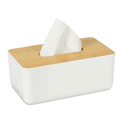 Relaxdays Boîte à mouchoirs pour Salle de Bain, Plastique, Couvercle Bois, Rechargeable, HLP : 10x23x13 cm, Blanc/Nature