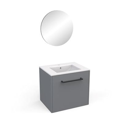 Meuble De Salle De Bain avec Miroir & Vasque, 2 Tiroirs Et Porte-Serviette Tendance en Bois Eco-Responsable – Coloris Gris Foncé & Finitions Noires – 47,3 x 55 x 61,2 cm