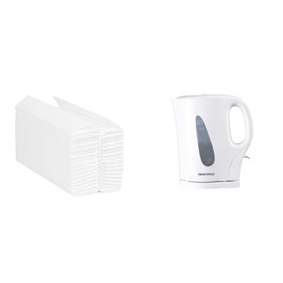 Blake & White PS1022 Purely Smile C-Fold Hand Towel White | 2 Ply | Case of 2400 Towels White & Daewoo Essentials, Plastic Kettle, White, 1.7 Litre Capacity, Fill 7 Cups, Family Size