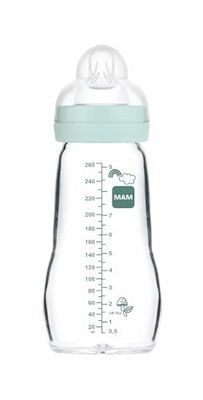 MAM Glazen fles, 2-4 maanden, 260 ml, met zuignap 2 met gemiddelde doorstroming van siliconen, gemakkelijk te reinigen, blauw, 1 stuks