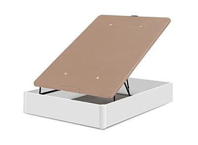 Canapé Abatible de Gran Capacidad | Madera Color Blanco | Tapa 3D en Color Beige con Válvulas de Transpiración | Medida: 150x190 cm