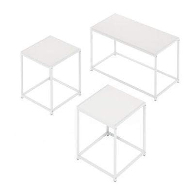 Furinno Camnus Vie Moderne Table Basse, Ensemble de Table avec Une Table Basse et Deux Tables de Bout, Blanche Unie/Blanche