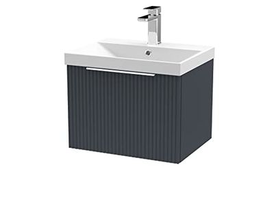 Hudson Reed DFF1491D Fluted Modern Bathroom Wall Hung 1 Drawer Vanity Basin Unit with Thin-Edge Ceramic Basin, 500mm, Soft Black