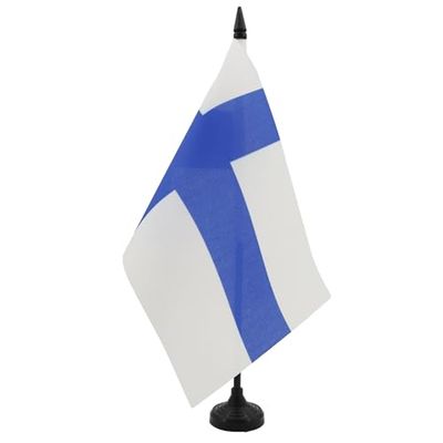 Finland Tafelvlag 14x21 cm - Finse Bureauvlag 21 x 14 cm - Zwarte plastic stok en voet - AZ FLAG