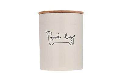 Pearhead Good Dog Treat Jar, Holds 4 Cups, Ceramic and Wood Pet Treat Canister, Neutral Modern Kitchen Decor, Pet Accessories, Dog Biscuit Storage Jar, Freshness Seal