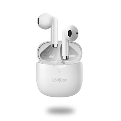 CoolBox TWS-01 Casque sans Fil Bluetooth 5.1 + EDR, 10 m de portée, 5H en Lecture, 15H d'autonomie avec étui de Chargement, Charge complète en 1,5H, USB-C. Blanc