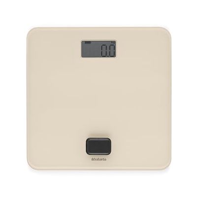 Brabantia - ReNew Báscula de Baño - Sin Pilas - Pesa hasta 150 kg - Sistema Preciso - Tapas Protectoras Antideslizantes - Pantalla LED - Superficie de Cristal - Soft Beige - 30 x 30 cm