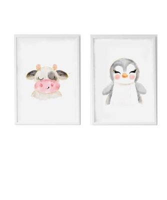 Set 2 cuadros infantiles formado por cuadro vaca y cuadro pingüino blanco y negro