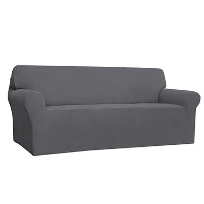 Easy-Going Stretch 4 Seater Sofa Slipcover 1-Piece Sofa Cover Furniture Protector Couch Soft with Elastic Bottom for Kids, Polyester Spandex Jacquard Fabric Small Checks Gray