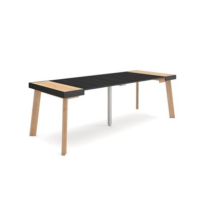 Skraut Home Uittrekbare consoletafel, inklapbare eettafel, 220 cm, voor 10 personen, houten poten, moderne stijl, eiken en zwart