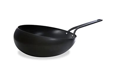 BK Acier Noir Poêle wokarang spéciale résistante à l'induction de 30 cm en Acier au Carbone, présalé, Four et résistant à la torréfaction jusqu'à 350 °C, Durable et Professionnel, Noir.