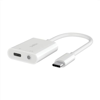 Belkin Adaptador Rockstar de Audio de 3,5 mm + Carga USB-C®, convertidor de Audio y Carga rápida USB-C PD de 60 W, iPhone 15, iPad Pro, Galaxy, Note, Google Pixel, LG, Sony Xperia y Otros, Blanco