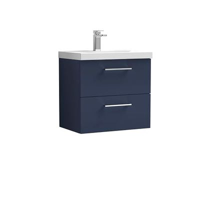 nuie ARN2924D Arno Modern Bathroom Wall Hung 2 Soft Close Drawer Vanity Unit and Thin-Edge Basin, 600mm, Midnight Blue