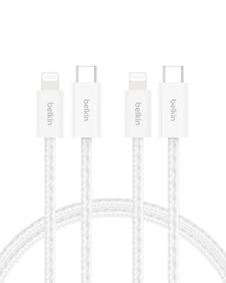 Belkin Confezione da 2 cavi intrecciati USB-C con connettore Lightning da 1,5 m, cavo flessibile per ricarica rapida, cavo Lightning per iPhone 14 e precedenti, iPad 9a gen. e AirPods, bianco