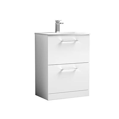 nuie ARN133G Arno Modern Bathroom Floor Standing 2 Drawer Vanity Unit with Curved Ceramic Basin, Gloss White