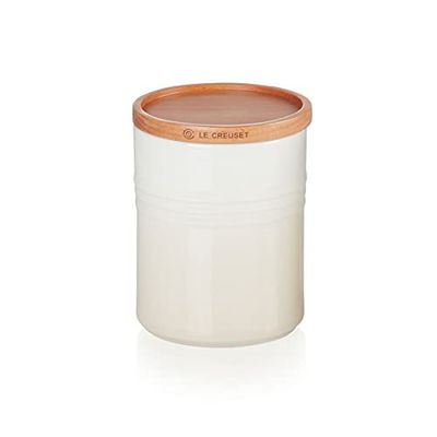 Le Creuset Middelgrote voorraadpot van aardewerk met houten deksel, aardewerk, 540 ml, 10 cm, meringue