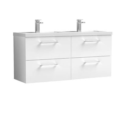 nuie ARN124C Arno Modern Bathroom Wall Hung 4 Drawer Double Vanity Unit with Twin Polymarble Basin, Gloss White