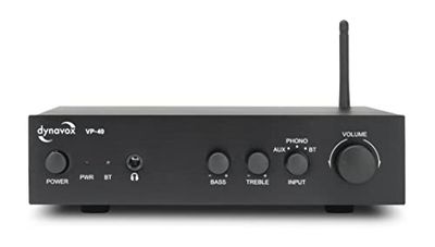 Dynavox Amplificatore stereo VP-40, amplificatore HiFi compatto con ingresso microfono per giradischi, streaming BT, controllo dei bassi e dell'altezza, jack per cuffie, nero