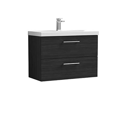 nuie ARN626D Arno Modern Bathroom Wall Hung 2 Drawer Vanity Unit with Thin-Edge Ceramic Basin, Woodgrain Charcoal Black