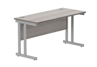 Office Hippo Essentials rectangulaire avec Gestion des Ports de câble d'ordinateur pour Le Lieu de Travail ou la Maison, Bureau à Domicile, Chêne Gris de l'Alaska/Cadre argenté, W140 x D60 x H73cm
