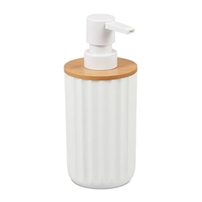 Relaxdays Dispenser di Sapone, Rotondo, Moderno,Ricaricabile,Testa a Pressione,Bambù & Plastica,Dosatore,bianco/naturale