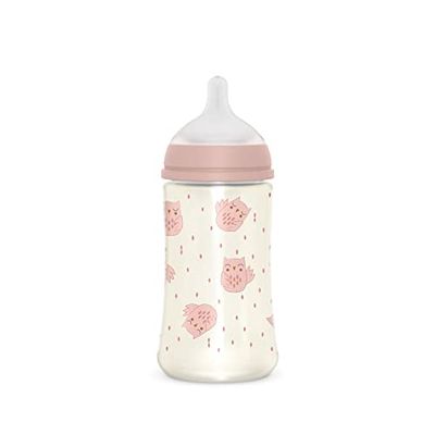 Suavinex, babyflaska 270 ml med fysiologisk napp SX Pro av silikon, med anti-kolikventil, medelstort matflöde (M), för spädbarn + 3 månader, Bonhomia, rosa