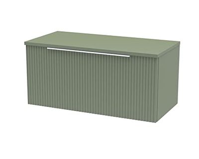 Hudson Reed DFF896W Fluted Modern Bathroom Wall Hung 1 Drawer Vanity Unit with Colour Match Worktop, 800mm, Satin Green