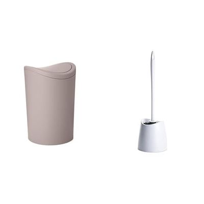 TATAY Poubelle Salle Bain et Brosse Toilettes WC | Poubelle Salle Bain Taupe avec Couvercle à Bascule | Capacité 6L | Brosse Toilettes WC Blanche | Ensemble Résistant et 100% Recyclable
